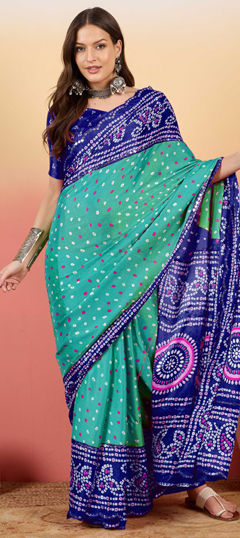 Blue, Green color Saree in Crushed Silk fabric with Bandhej, Printed work