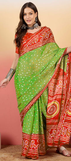 Green, Red and Maroon color Saree in Crushed Silk fabric with Bandhej, Printed work