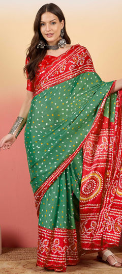 Green, Red and Maroon color Saree in Crushed Silk fabric with Bandhej, Printed work