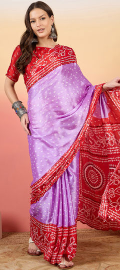 Purple and Violet, Red and Maroon color Saree in Crushed Silk fabric with Bandhej, Printed work