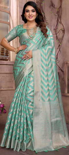 Green color Saree in Organza Silk fabric with Weaving, Zari work