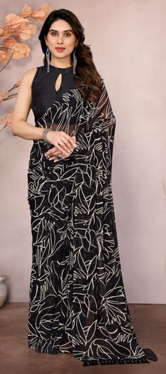 Black and Grey color Readymade Saree in Georgette fabric with Printed work
