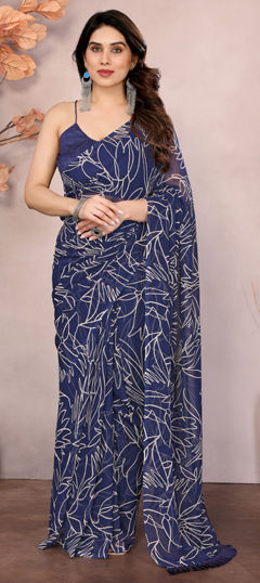 Blue color Readymade Saree in Georgette fabric with Printed work