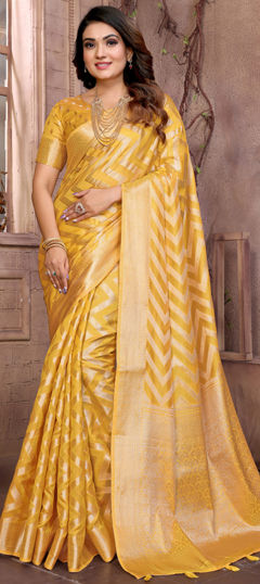 Yellow color Saree in Organza Silk fabric with Weaving, Zari work