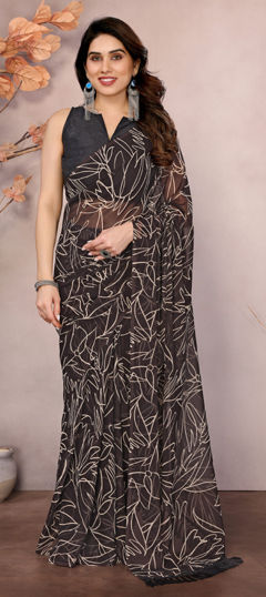 Beige and Brown color Readymade Saree in Georgette fabric with Printed work