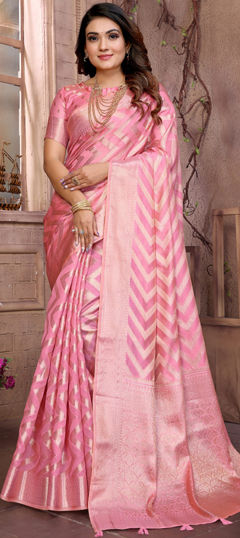 Pink and Majenta color Saree in Organza Silk fabric with Weaving, Zari work