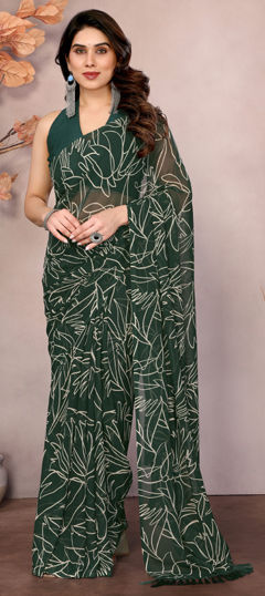 Green color Readymade Saree in Georgette fabric with Printed work