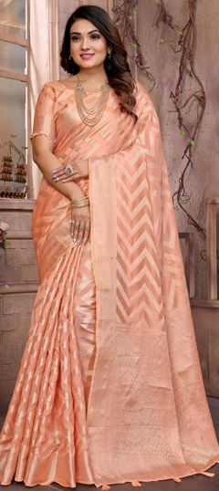 Pink and Majenta color Saree in Organza Silk fabric with Weaving, Zari work