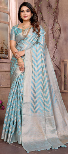 Blue color Saree in Organza Silk fabric with Weaving, Zari work