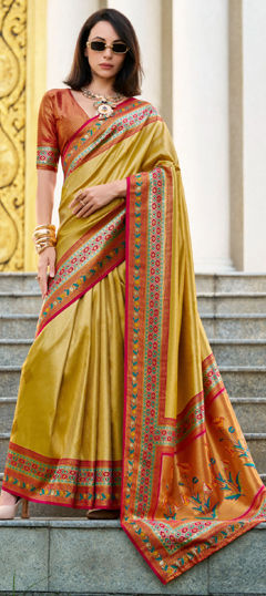 Yellow color Saree in Tissue fabric with Weaving, Zari work