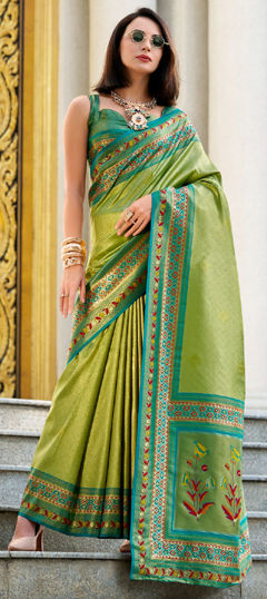 Green color Saree in Tissue fabric with Weaving, Zari work