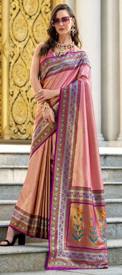 Pink and Majenta color Saree in Tissue fabric with Weaving, Zari work