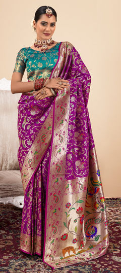 Pink and Majenta color Saree in Silk fabric with Weaving, Zari work