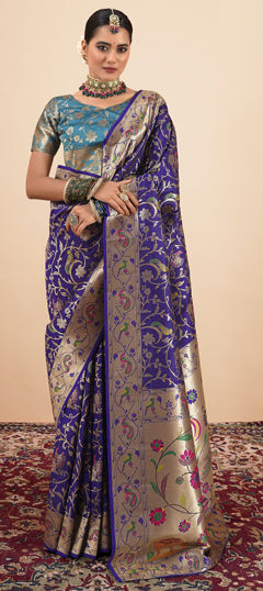 Blue color Saree in Silk fabric with Weaving, Zari work