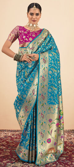 Blue color Saree in Silk fabric with Weaving, Zari work