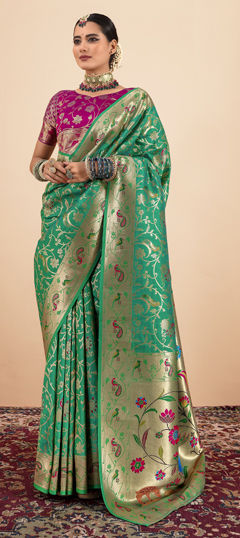 Green color Saree in Silk fabric with Weaving, Zari work