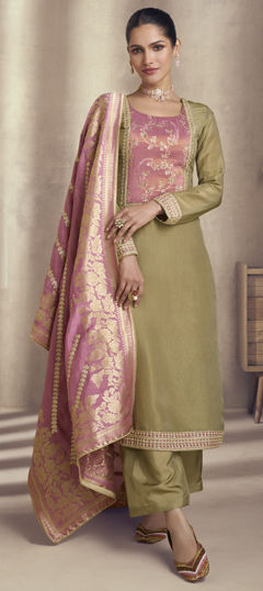 Gold color Salwar Kameez in Silk fabric with Bugle Beads, Lace, Sequence, Weaving, Zari work