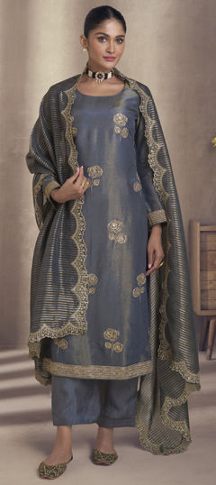 Black and Grey color Salwar Kameez in Silk fabric with Embroidered, Sequence, Thread, Zari work