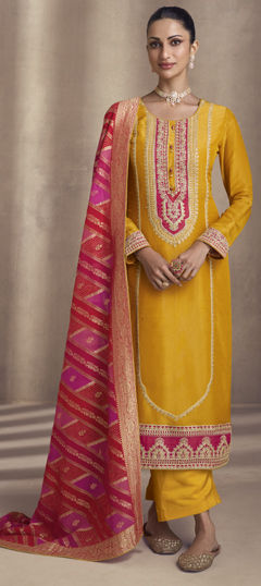 Yellow color Salwar Kameez in Silk fabric with Embroidered, Thread, Zari work