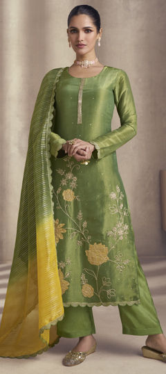 Green color Salwar Kameez in Silk fabric with Embroidered, Patch, Sequence, Thread, Zari work