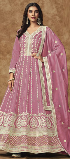 Pink and Majenta color Gown in Silk fabric with Embroidered, Sequence, Thread work