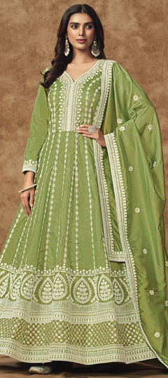 Green color Gown in Silk fabric with Embroidered, Sequence, Thread work