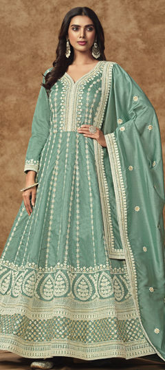 Blue color Gown in Silk fabric with Embroidered, Sequence, Thread work