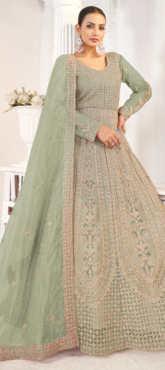 Green color Salwar Kameez in Net fabric with Embroidered, Stone, Thread, Zari work