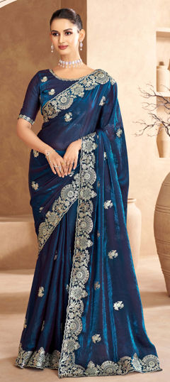 Blue color Saree in Satin Silk fabric with Embroidered, Sequence, Thread, Zari work