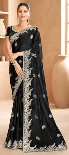 Black and Grey color Saree in Satin Silk fabric with Embroidered, Sequence, Thread, Zari work