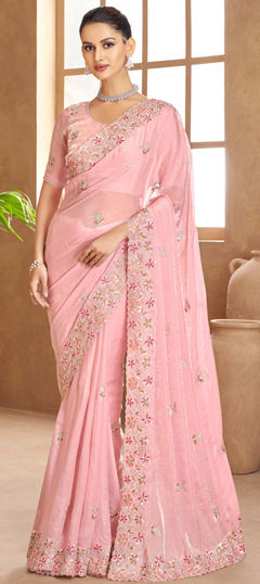 Pink and Majenta color Saree in Satin Silk fabric with Embroidered, Sequence, Thread, Zari work