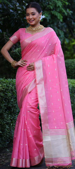 Pink and Majenta color Saree in Tissue fabric with Weaving, Zari work