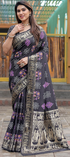 Black and Grey color Saree in Silk fabric with Bandhej, Printed, Weaving work