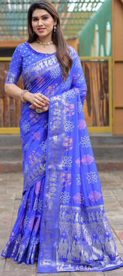 Blue color Saree in Silk fabric with Bandhej, Printed, Weaving work