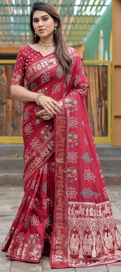 Red and Maroon color Saree in Silk fabric with Bandhej, Printed, Weaving work