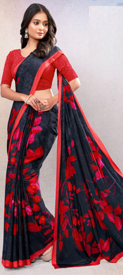 Black and Grey color Saree in Crepe Silk fabric with Printed work