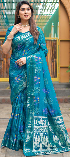 Blue color Saree in Silk fabric with Bandhej, Printed, Weaving work