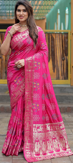 Pink and Majenta color Saree in Silk fabric with Bandhej, Printed, Weaving work