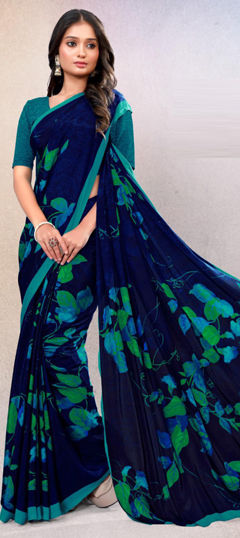 Blue color Saree in Crepe Silk fabric with Printed work