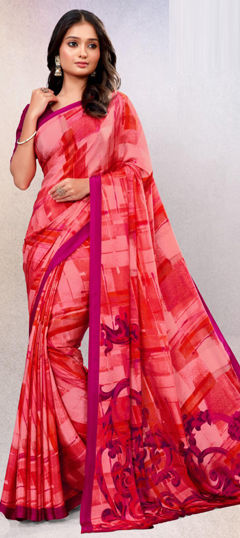 Pink and Majenta, Red and Maroon color Saree in Crepe Silk fabric with Printed work