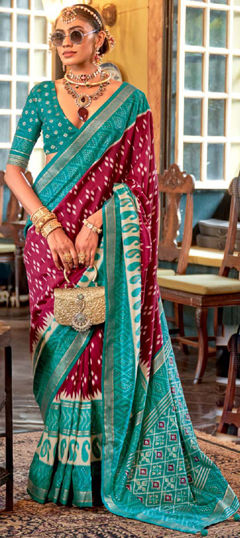 Blue, Red and Maroon color Saree in Viscose fabric with Printed, Weaving work