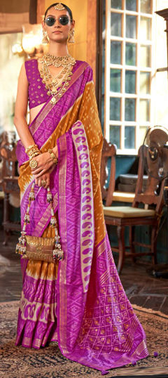 Pink and Majenta, Yellow color Saree in Viscose fabric with Printed, Weaving work