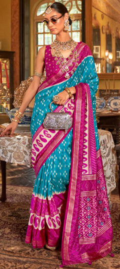 Blue, Pink and Majenta color Saree in Viscose fabric with Printed, Weaving work