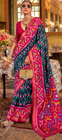 Blue, Pink and Majenta color Saree in Viscose fabric with Printed, Weaving work