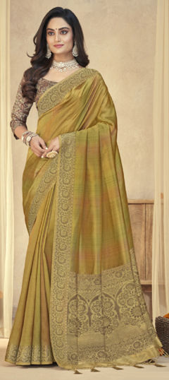 Gold color Saree in Tussar Silk fabric with Weaving work