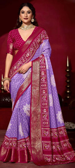 Purple and Violet color Saree in Silk fabric with Bandhej, Printed, Weaving work