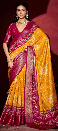 Yellow color Saree in Silk fabric with Bandhej, Printed, Weaving work