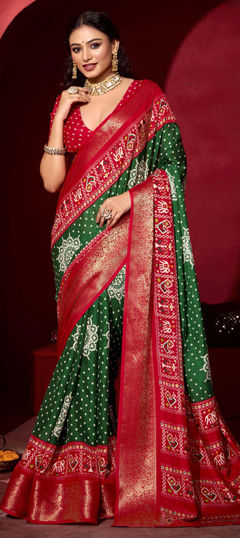 Green color Saree in Silk fabric with Bandhej, Printed, Weaving work