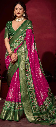 Pink and Majenta color Saree in Silk fabric with Bandhej, Printed, Weaving work