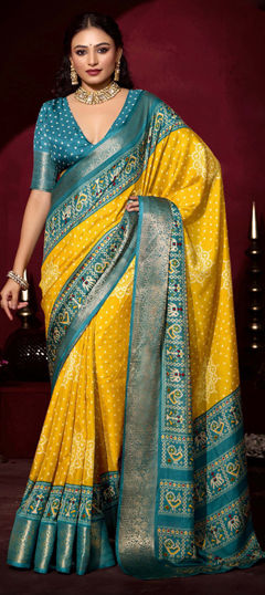 Yellow color Saree in Silk fabric with Bandhej, Printed, Weaving work